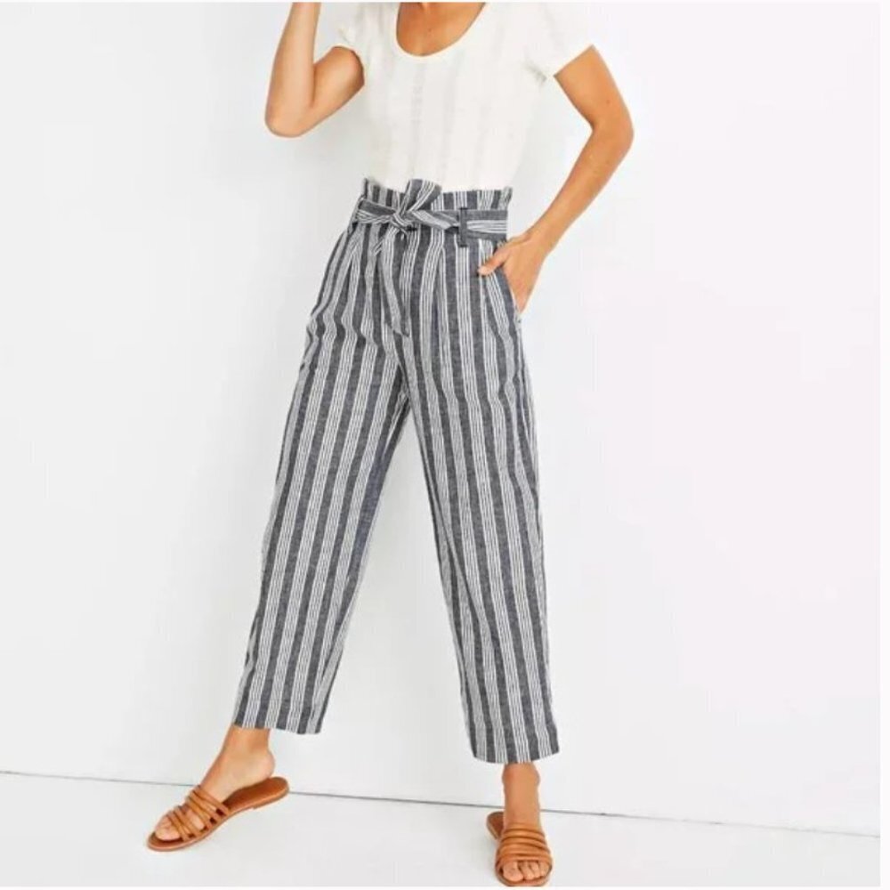 Madewell Linen Cotton Paperbag Pants Deep Indigo Stripe Size 4